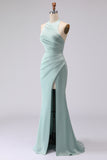 Halter Sea Glass Ruched Mermaid Satin Long Bridesmaid Dress With Slit