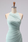 Halter Sea Glass Ruched Mermaid Satin Long Bridesmaid Dress With Slit
