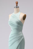 Halter Sea Glass Ruched Mermaid Satin Long Bridesmaid Dress With Slit