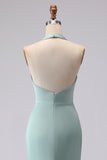 Halter Sea Glass Ruched Mermaid Satin Long Bridesmaid Dress With Slit