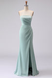 Mermaid Strapless Sea Glass Ruched Satin Long Bridesmaid Dress