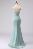 Mermaid Strapless Sea Glass Ruched Satin Long Bridesmaid Dress