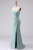 Mermaid Strapless Sea Glass Ruched Satin Long Bridesmaid Dress