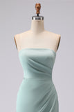 Mermaid Strapless Sea Glass Ruched Satin Long Bridesmaid Dress