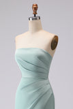 Mermaid Strapless Sea Glass Ruched Satin Long Bridesmaid Dress