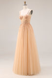 Corset Peach A Line Sequin Tulle Long Prom Dress With Lace up Back