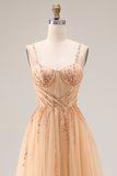 Corset Peach A Line Sequin Tulle Long Prom Dress With Lace up Back