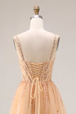 Corset Peach A Line Sequin Tulle Long Prom Dress With Lace up Back