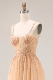 Corset Peach A Line Sequin Tulle Long Prom Dress With Lace up Back
