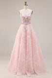 Sweetheart Pink Floral Corset A Line Beaded Long Prom Dress With Appliques