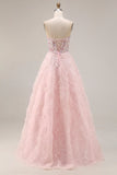 Sweetheart Pink Floral Corset A Line Beaded Long Prom Dress With Appliques