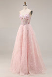 Sweetheart Pink Floral Corset A Line Beaded Long Prom Dress With Appliques