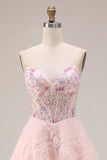 Sweetheart Pink Floral Corset A Line Beaded Long Prom Dress With Appliques