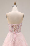 Sweetheart Pink Floral Corset A Line Beaded Long Prom Dress With Appliques