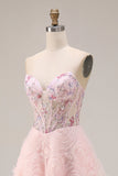 Sweetheart Pink Floral Corset A Line Beaded Long Prom Dress With Appliques