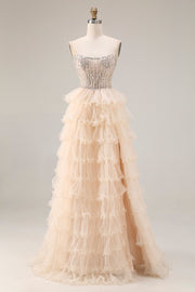 Tiered Apricot Tulle Corset A Line Beaded Long Prom Dress With Slit