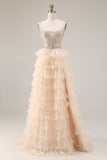 Tiered Apricot Tulle Corset A Line Beaded Long Prom Dress With Slit