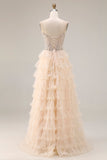 Tiered Apricot Tulle Corset A Line Beaded Long Prom Dress With Slit