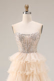 Tiered Apricot Tulle Corset A Line Beaded Long Prom Dress With Slit