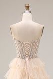 Tiered Apricot Tulle Corset A Line Beaded Long Prom Dress With Slit