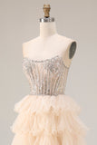 Tiered Apricot Tulle Corset A Line Beaded Long Prom Dress With Slit
