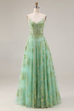 Green Sequin Tulle Corset A Line Floral Long Prom Dress