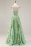 Green Sequin Tulle Corset A Line Floral Long Prom Dress