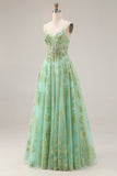 Green Sequin Tulle Corset A Line Floral Long Prom Dress
