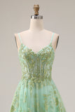 Green Sequin Tulle Corset A Line Floral Long Prom Dress