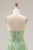 Green Sequin Tulle Corset A Line Floral Long Prom Dress