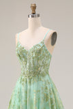Green Sequin Tulle Corset A Line Floral Long Prom Dress