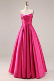 A Line Fuchsia Strapless Satin Long Prom Dress