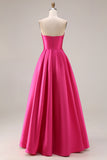 A Line Fuchsia Strapless Satin Long Prom Dress