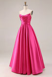 A Line Fuchsia Strapless Satin Long Prom Dress