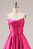 A Line Fuchsia Strapless Satin Long Prom Dress