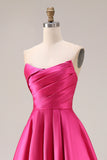 A Line Fuchsia Strapless Satin Long Prom Dress
