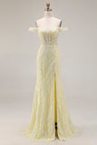 Mermaid Corset Yellow Sequin Floral Off the Shoulder Long Prom Dress With Slit