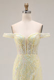 Mermaid Corset Yellow Sequin Floral Off the Shoulder Long Prom Dress With Slit