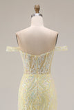 Mermaid Corset Yellow Sequin Floral Off the Shoulder Long Prom Dress With Slit