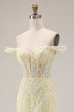 Mermaid Corset Yellow Sequin Floral Off the Shoulder Long Prom Dress With Slit