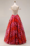 Beaded Fuchsia Corset Off the Shoulder A Line Long Prom Dress With Flowers