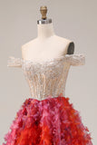 Beaded Fuchsia Corset Off the Shoulder A Line Long Prom Dress With Flowers