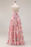 Tiered Pink Floral Corset Sweetheart A Line Long Prom Dress With Ruffles