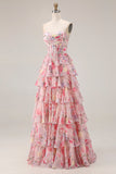 Tiered Pink Floral Corset Sweetheart A Line Long Prom Dress With Ruffles