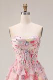 Tiered Pink Floral Corset Sweetheart A Line Long Prom Dress With Ruffles