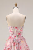 Tiered Pink Floral Corset Sweetheart A Line Long Prom Dress With Ruffles