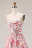 Tiered Pink Floral Corset Sweetheart A Line Long Prom Dress With Ruffles