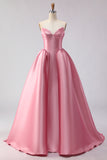 Satin Pink Sweetheart Ball Gown Long Prom Dress