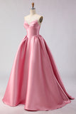Satin Pink Sweetheart Ball Gown Long Prom Dress