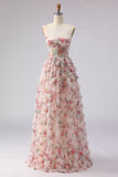 Light Pink Corset Spaghetti Straps A Line Long Prom Dress With Flowers
